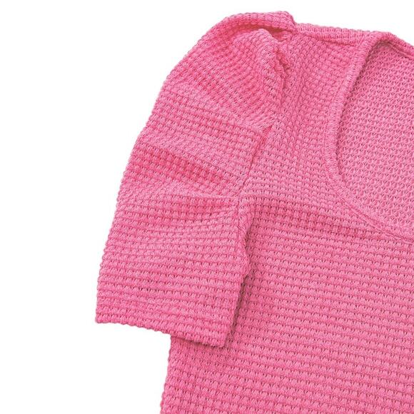 Bright Pink Waffle Knit Ruched Puff Sleeve Top New S, M, L, - Picture 4 of 12
